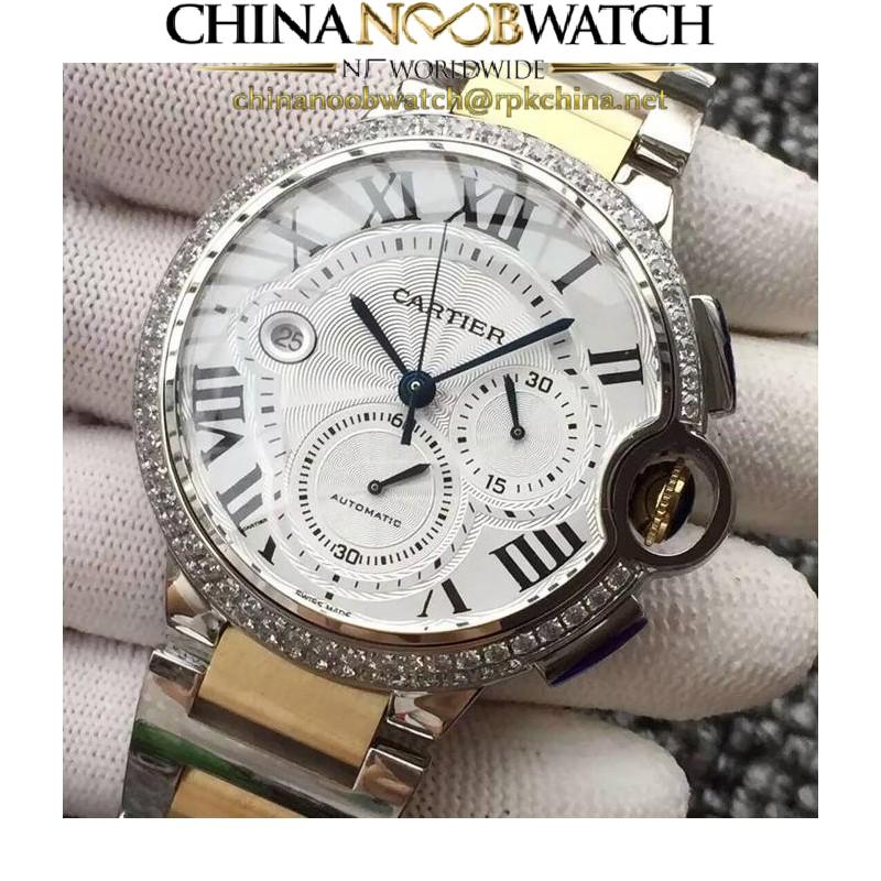 Replica Cartier Ballon Bleu Chronograph Stainless Steel & Diamonds White Dial Swiss 7750