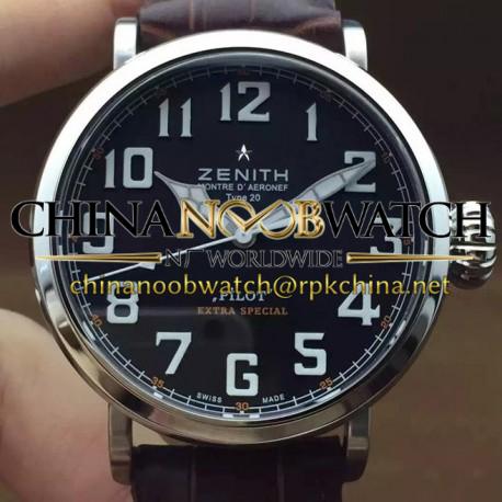 Replica Zenith Pilot Extra Special SS/LE Black Dial on Brown Leather Strap