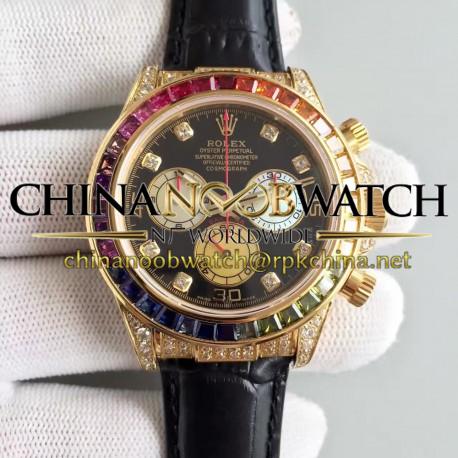 Replica Rolex Daytona Cosmograph 116598 Rainbow Yellow Gold & Diamonds Black Dial Swiss 7750 Run 6@SEC