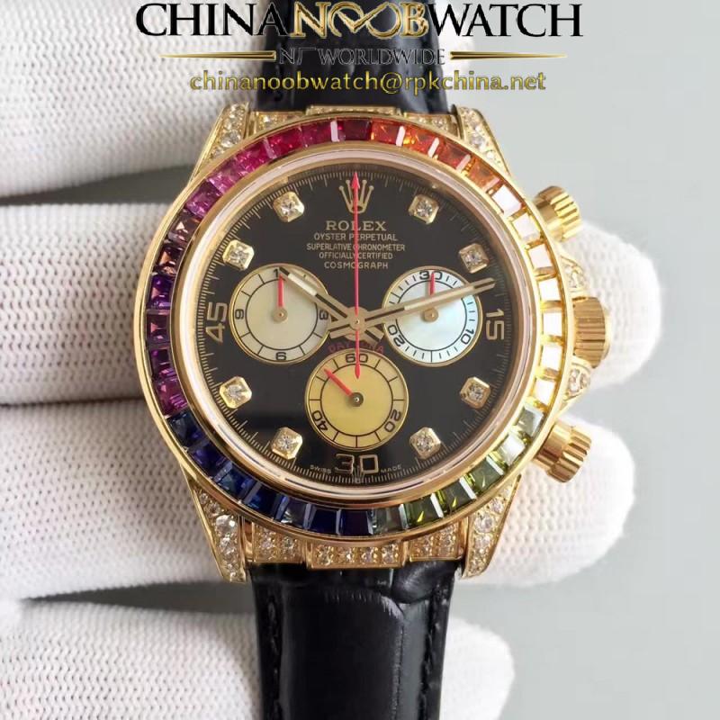 Replica Rolex Daytona Cosmograph 116598 Rainbow Yellow Gold & Diamonds Black Dial Swiss 7750 Run 6@SEC