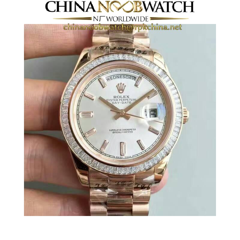 Replica Rolex Day-Date 40 228235 40MM KW Rose Gold & Diamonds Sundust Dial Swiss 3255