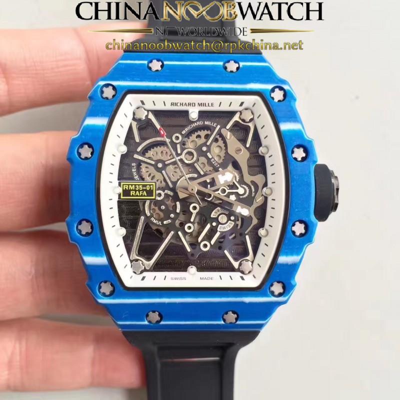 Replica Richard Mille RM35-01 Rafael Nadal KV Blue Forged Carbon White & Skeleton Dial M6T51