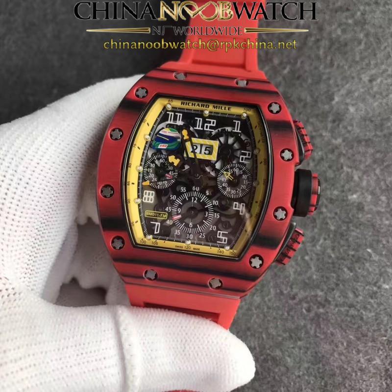 Replica Richard Mille RM011 Red QTPT Flyback Chronograph KV Red Forged Carbon Yellow Skeleton Dial Swiss 7750