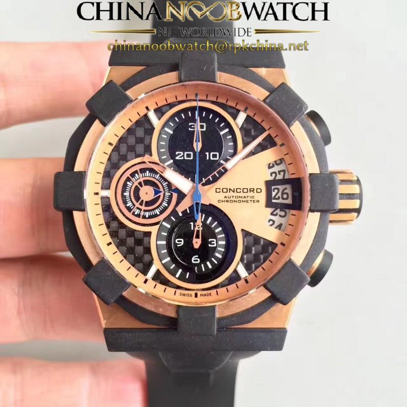 Replica Concord C1 Chronograph 0320012 N Rose Gold & Black Rubber Rose Gold Dial Swiss 7750